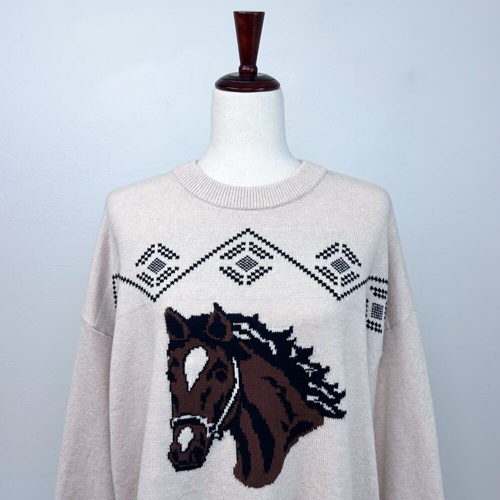 Ann Taylor LOFT Cream Horse Western Knit Crewneck Long Sleeve Sweater MEDIUM - Picture 4 of 11